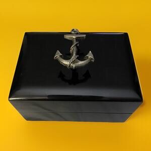 Glossy Black Hinged Anchor Knob Trinket Jewelry Box 6" x 4.25" x 4"
